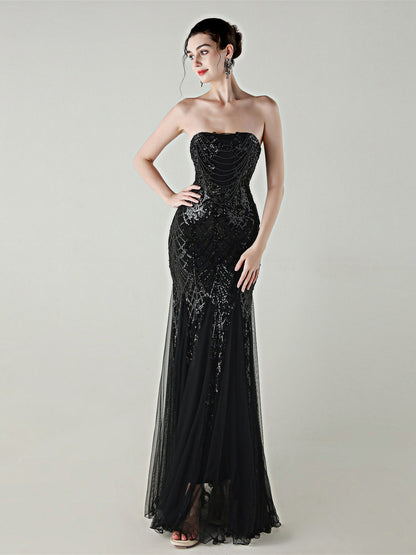 sequin strapless tulle maxi dress
