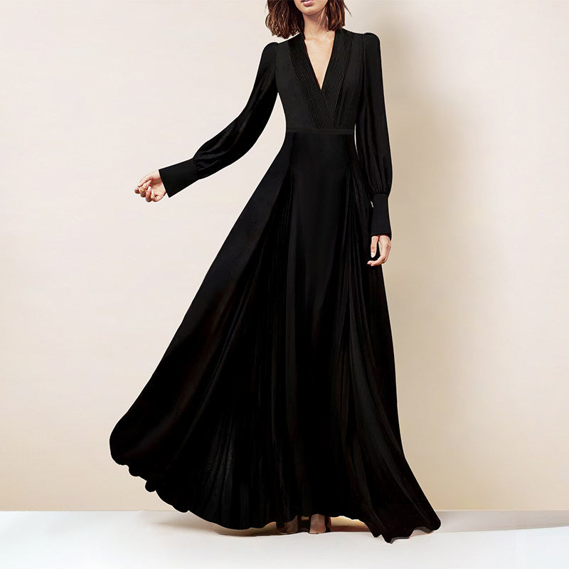 black V-neck long sleeves maxi dress