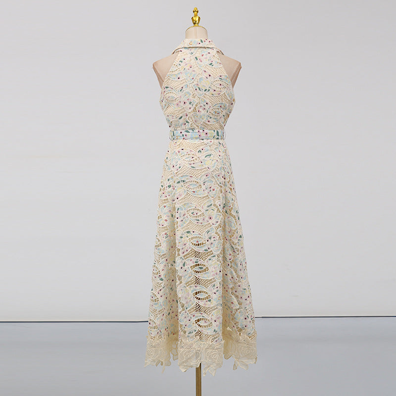 chloe sleeveless hollow lace maxi dress in beige