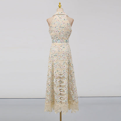 chloe sleeveless hollow lace maxi dress in beige