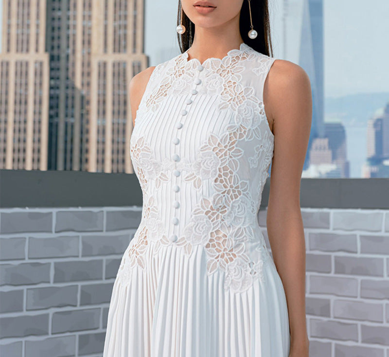 nancy lace embroidery pleated midi dress in white