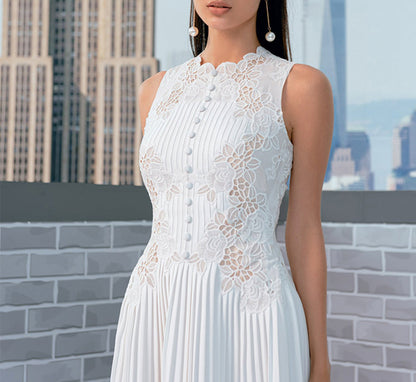 nancy lace embroidery pleated midi dress in white