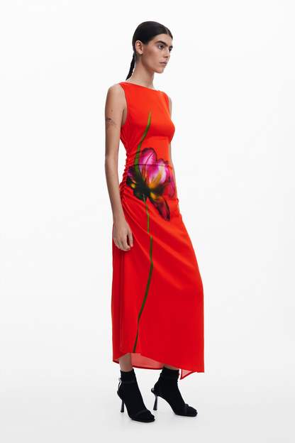 red sleeveless floral print with a ruched waist midi dress
