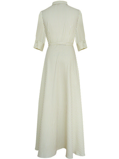 Green Striped Belted Shirt Maxi Dress