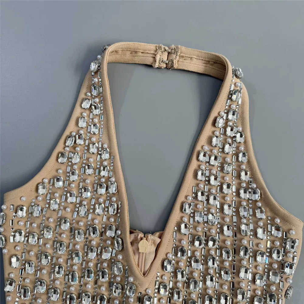 Rhinestone Mesh Halter Ruffle Satin Mini Dress