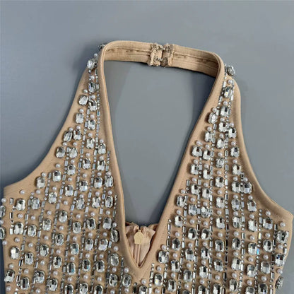 Rhinestone Mesh Halter Ruffle Satin Mini Dress