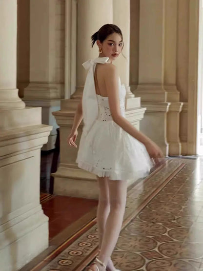 halter embroidered hollow mini dress in white
