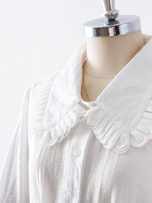 Ruffled Peter Pan Collar Puff Long Sleeve Crinkled Blouse