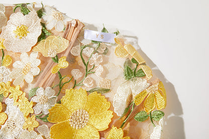 CAROL YELLOW FLORAL EMBROIDERY MESH LONG SLEEVE MIDI DRESS