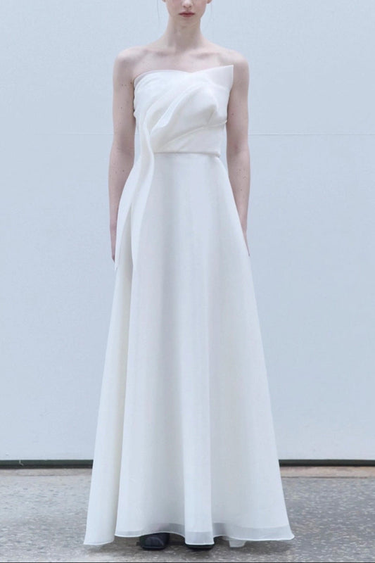 Barbara French Satin Strapless Maxi Dress - White
