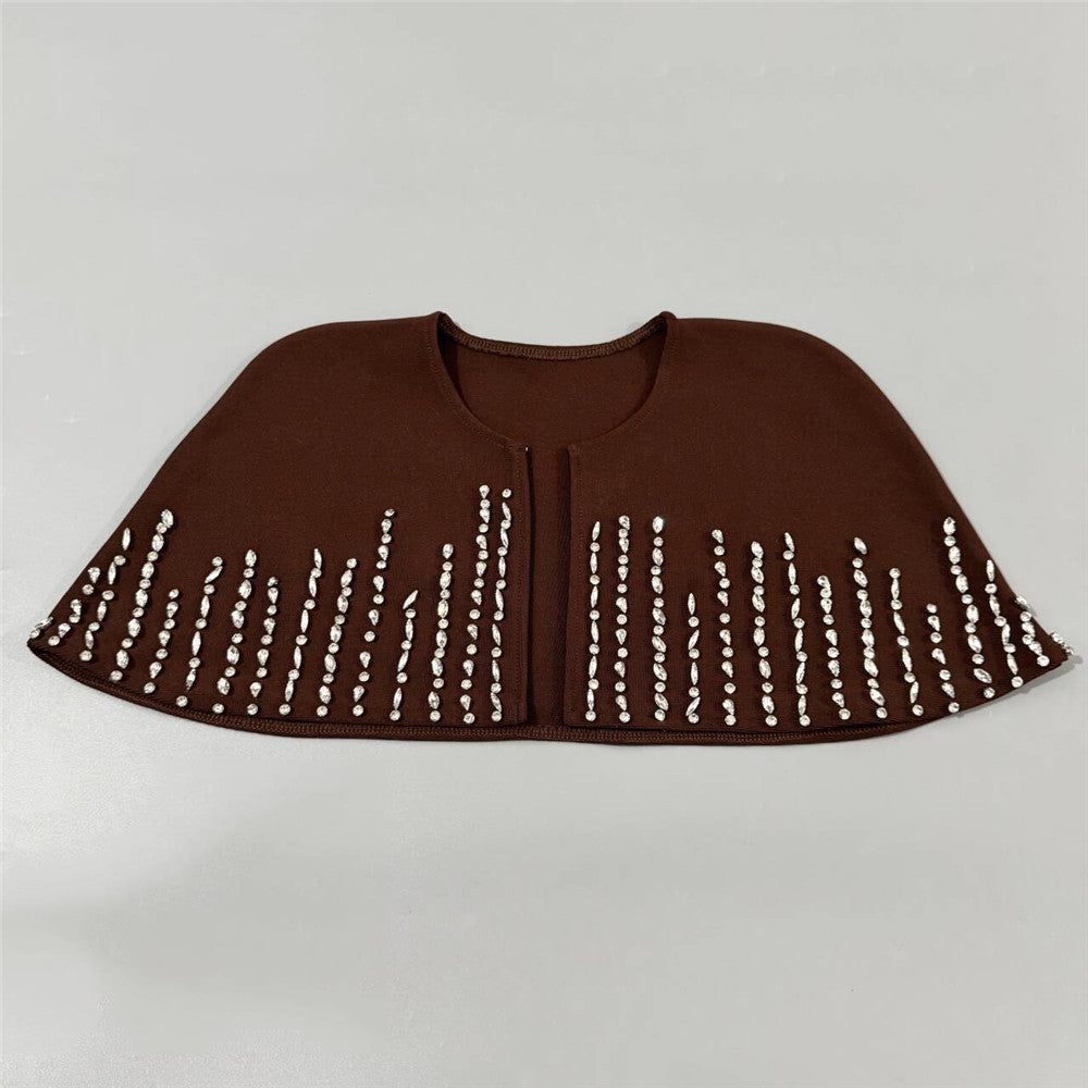 Dark Brown Structured Crepe Column Dress with Capelet Overlay