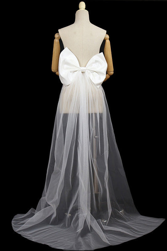 Oversized White Satin Giant Back Bow with Long Sheer Tulle Train Sash