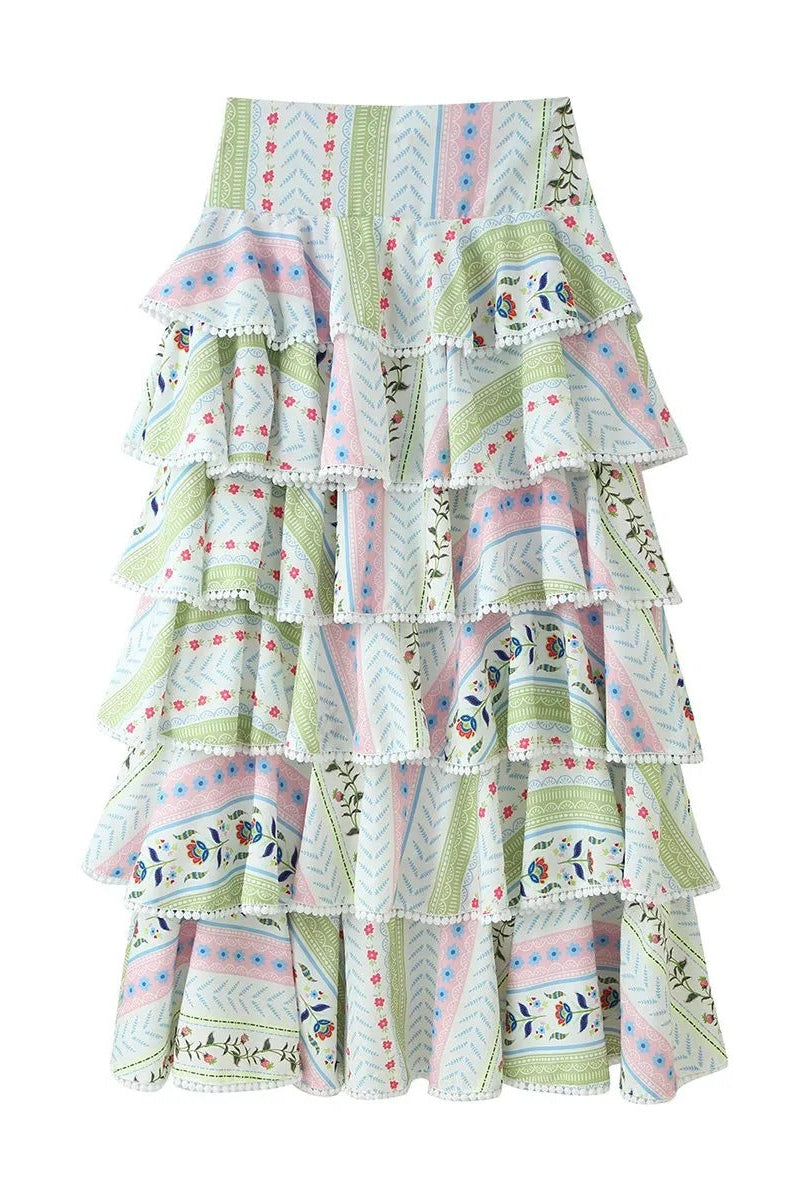 Two-Piece Set with Tiered Maxi Skirt and Pom-Pom Trim