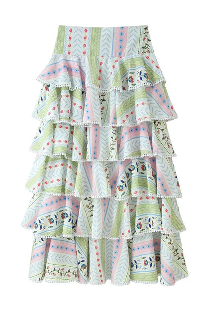 Two-Piece Set with Tiered Maxi Skirt and Pom-Pom Trim