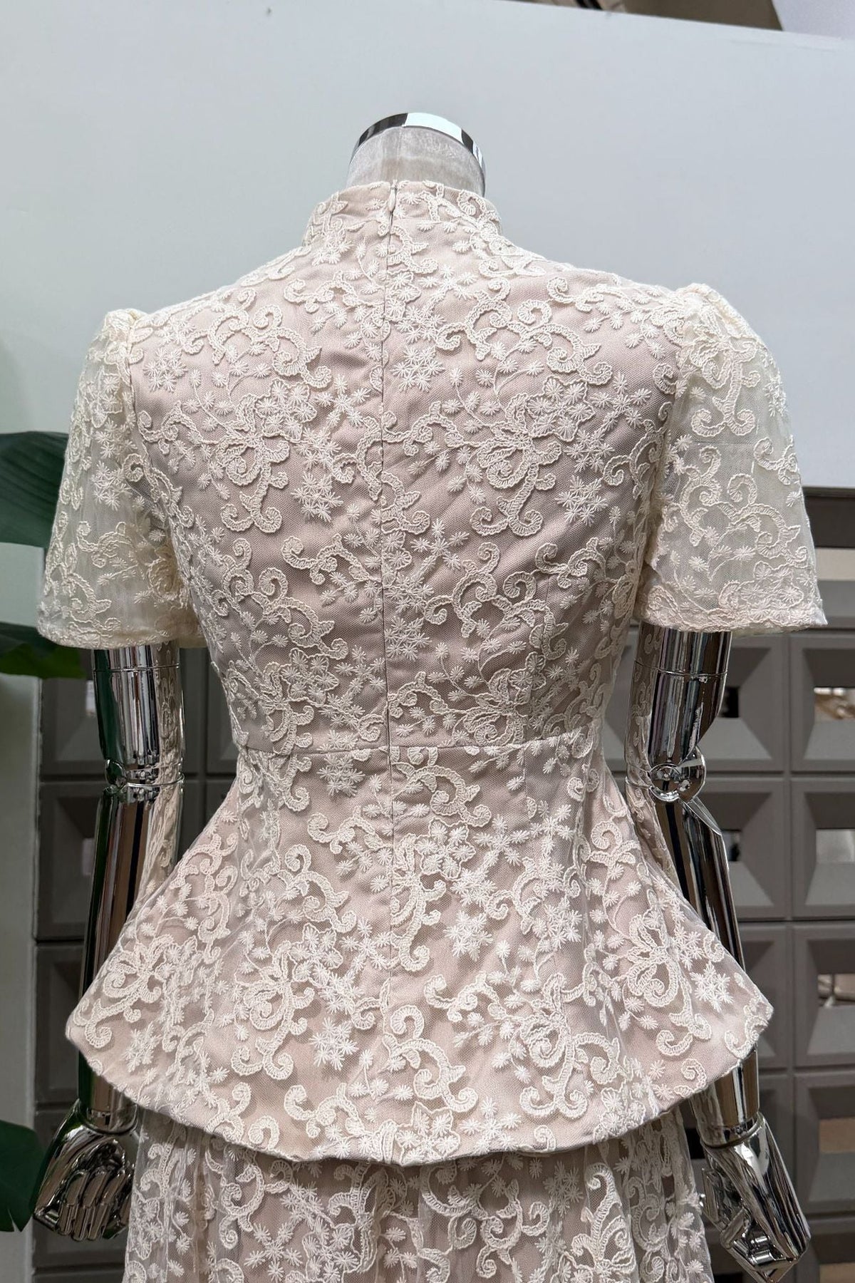 Ivory Lace Peplum Top & A-Line Maxi Skirt Two-Piece Set
