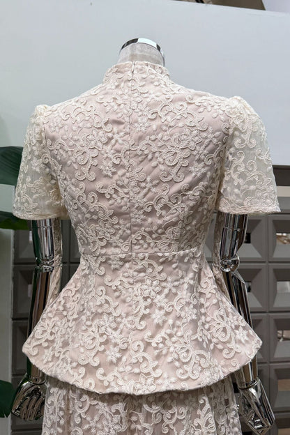 Ivory Lace Peplum Top & A-Line Maxi Skirt Two-Piece Set
