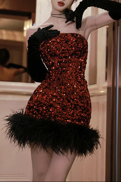 quintina Sequin Feather Strapless mini Dress in red