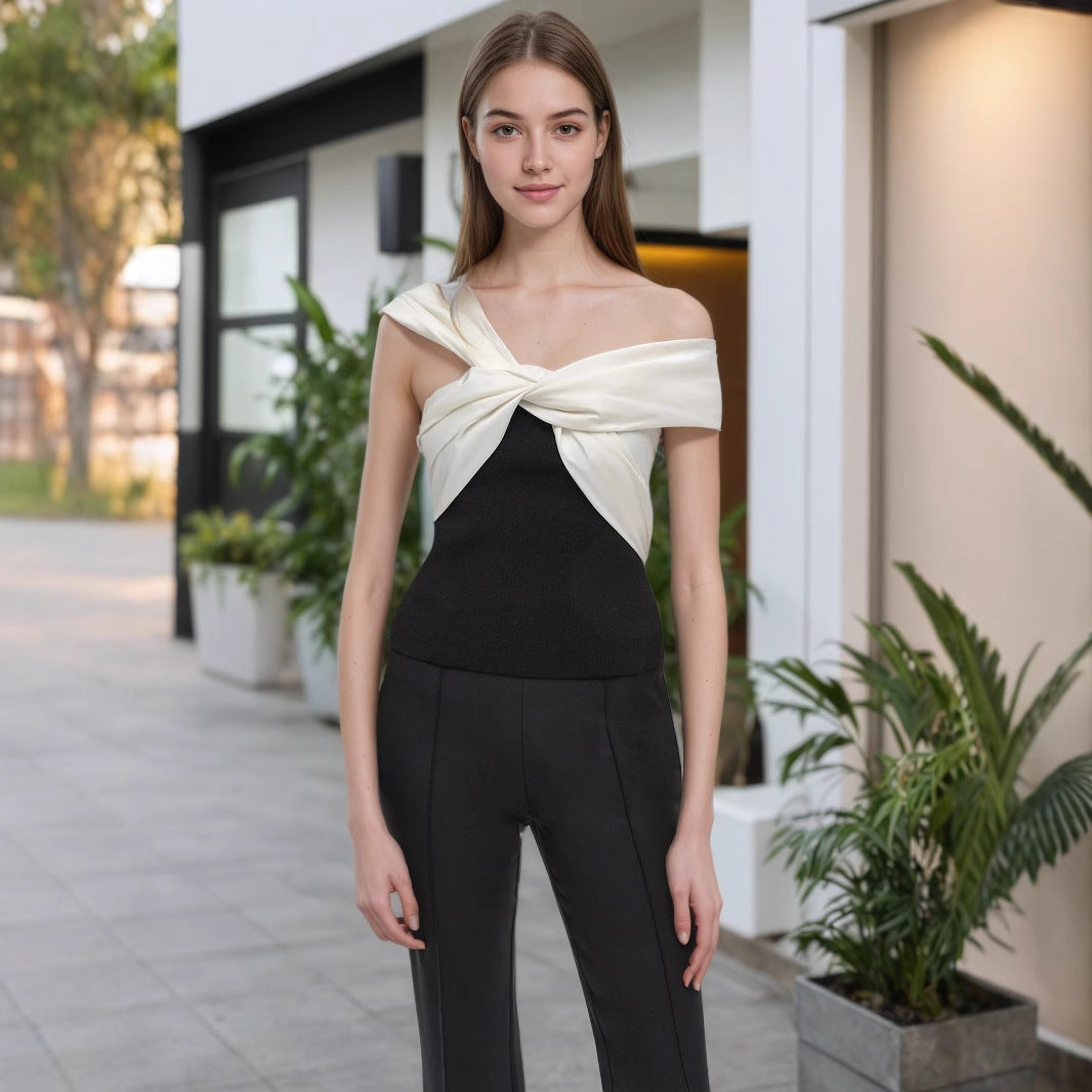 Black White Color Block Off Shoulder Twist Knot Fitted Tank Top