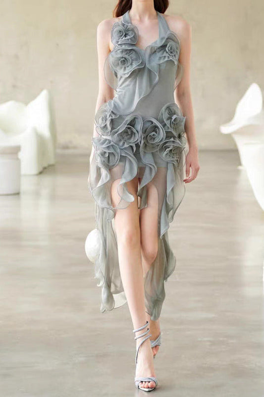 melissa grey Flower Asymmetric Folds Streame Mini Dress