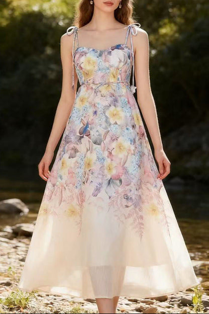 Pastel Floral Print Spaghetti Strap Midi Dress with 3D Flower Appliqués