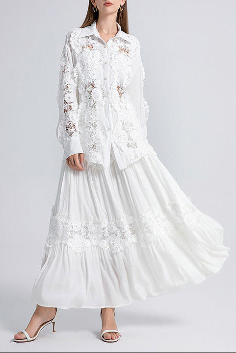 alexandra Splicing Flapped Lace hollow Midi Dress in white