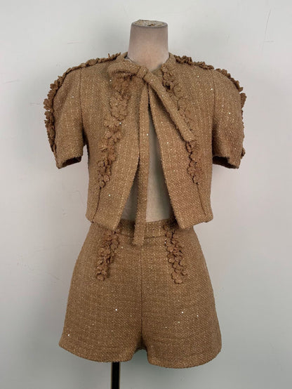elva brown flower embellished tweed cardigan shorts set