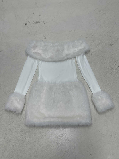 White Strapless faux fur slim mini dress
