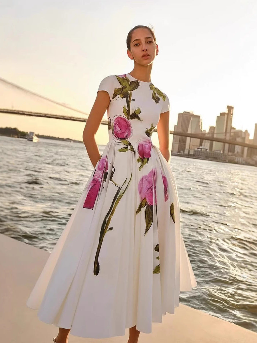 rose print crew neck short sleeves midi dress