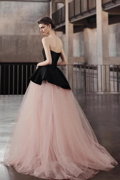 Strapless Satin Big Bow Contrast Pink Tulle Ball Gown