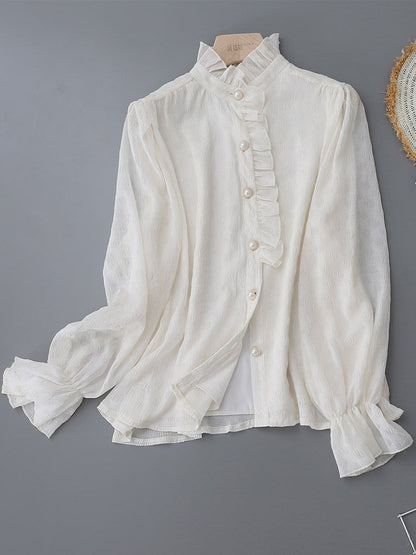 Ruffled Stand Collar Pearl Button Lantern Long Sleeve Textured Blouse
