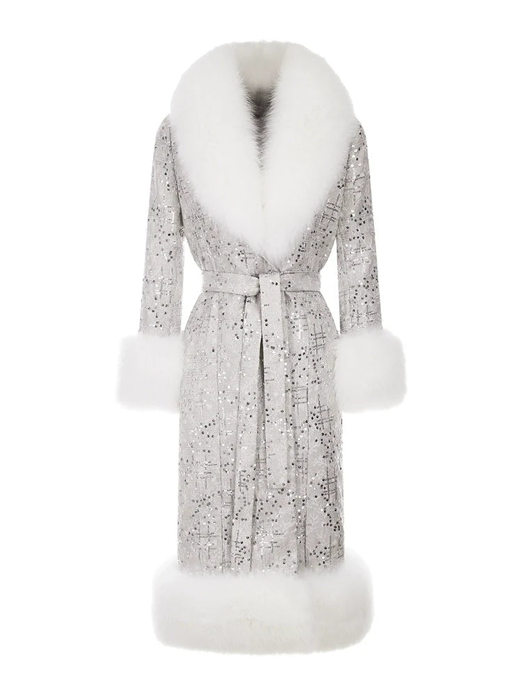Sliver Tie Long Sleeve Long Fur Autumn Coat
