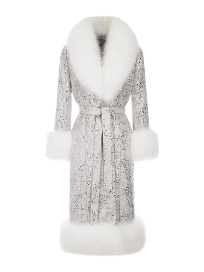 Sliver Tie Long Sleeve Long Fur Autumn Coat