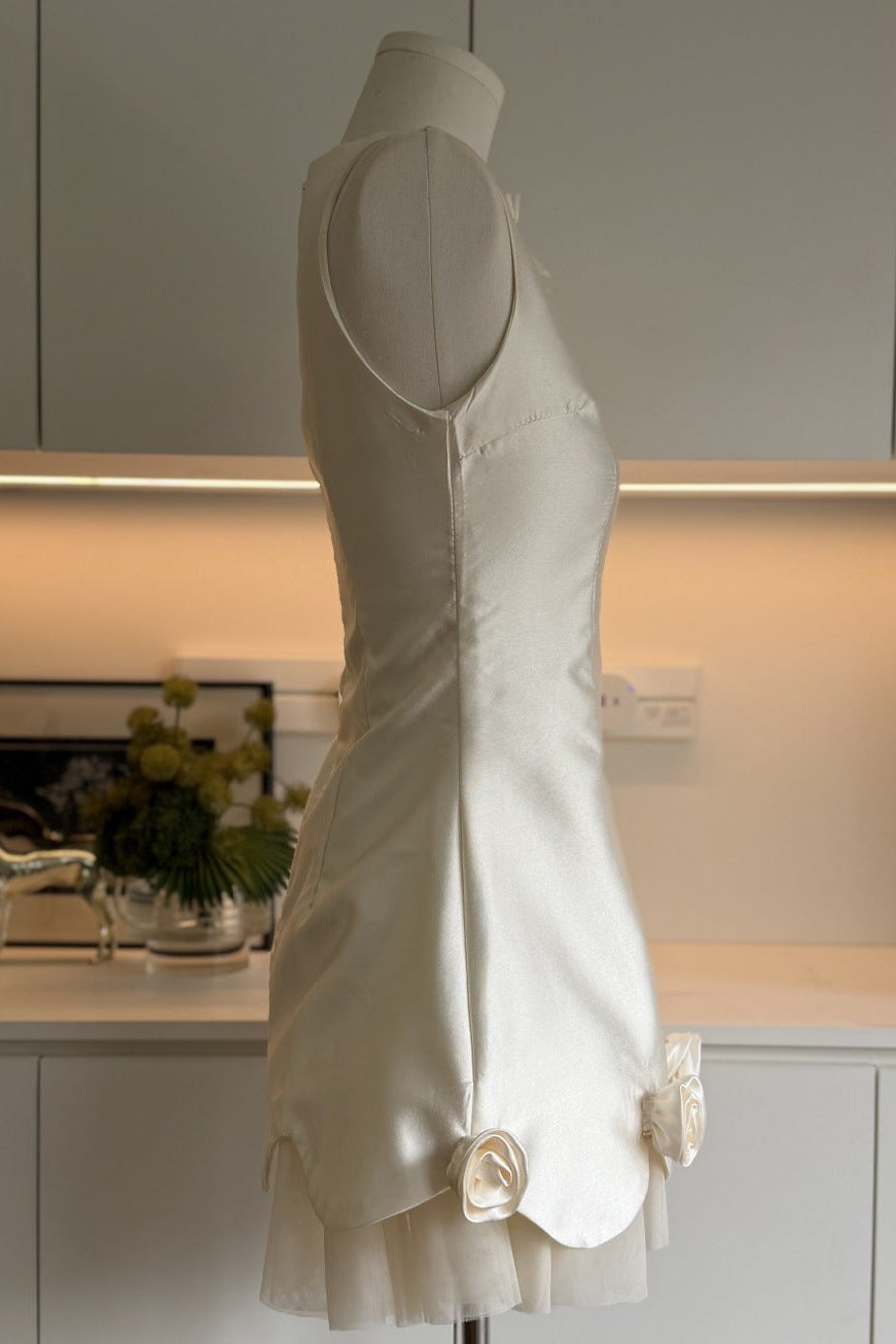 White Mini Dress with Rose Appliqués and Bow Detail