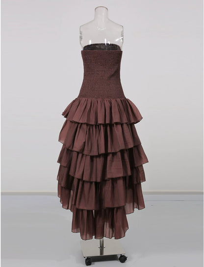 Strapless Smocked Tiered High Low Midi Dress