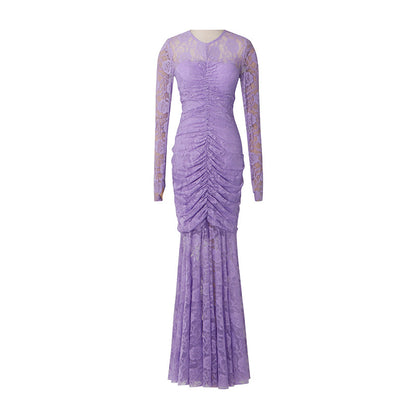 penny lace  hollow ruched bodycon long sleeve maxi dress in purple