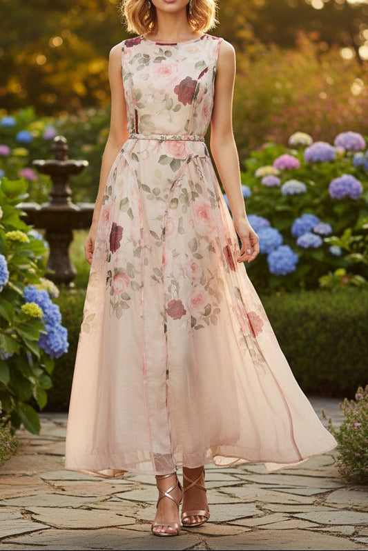 Sleeveless Rose Print Mesh Maxi Dress