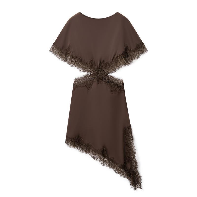 Chocolate Brown Satin Asymmetrical A-Line Dress with Capelet Overlay