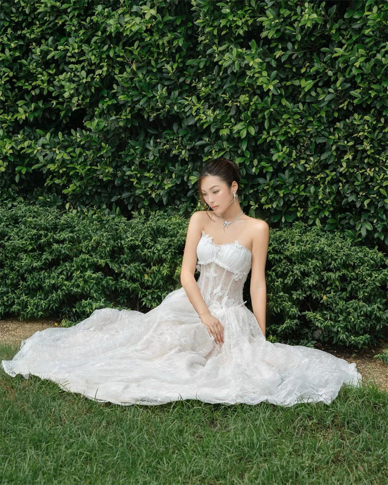 sally 3d butterfly waist-cinching Strapless lace maxi dress - white
