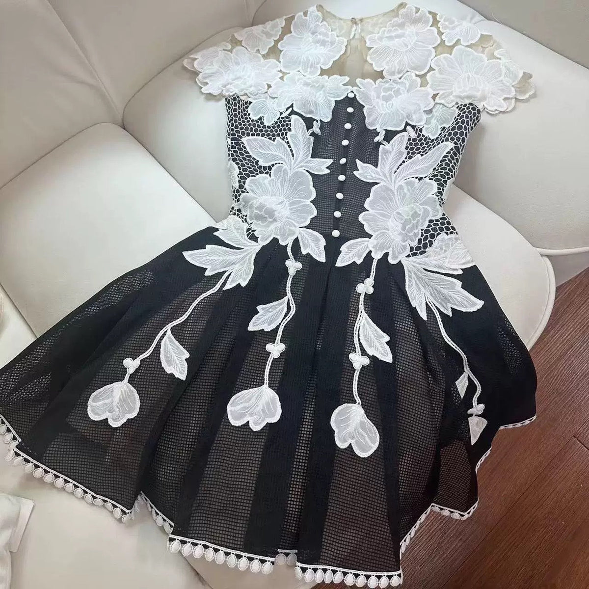 black-white lace flower embellished mini dress