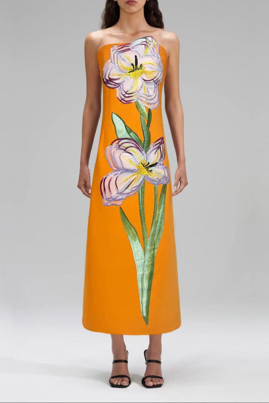 suzanne Appliqué Floral Bustier Maxi Dress in orange