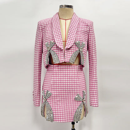 helen Embellished checked wool-blend blazer set in pink