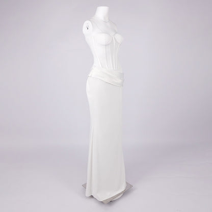 priscilla Strapless Veiled Corset Maxi Dress in white