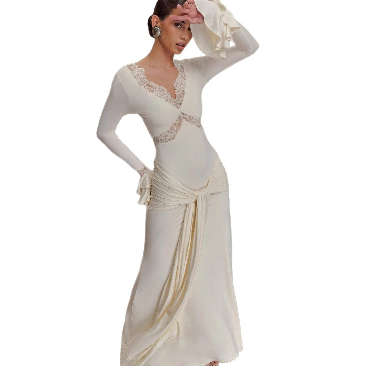 Lace Trim Flare Sleeve Draped Maxi Dress
