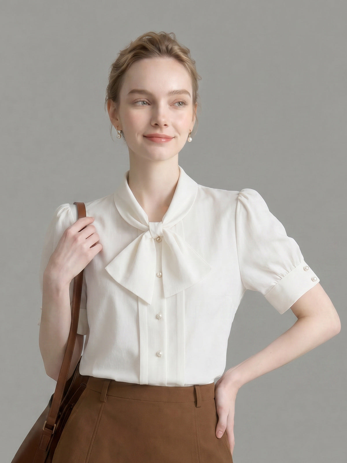 Bow Tie Neck Pearl Button Puff Short Sleeve Satin Blouse