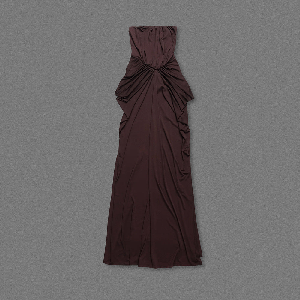 simona pleated Crepe Jersey strapless Gown in brown