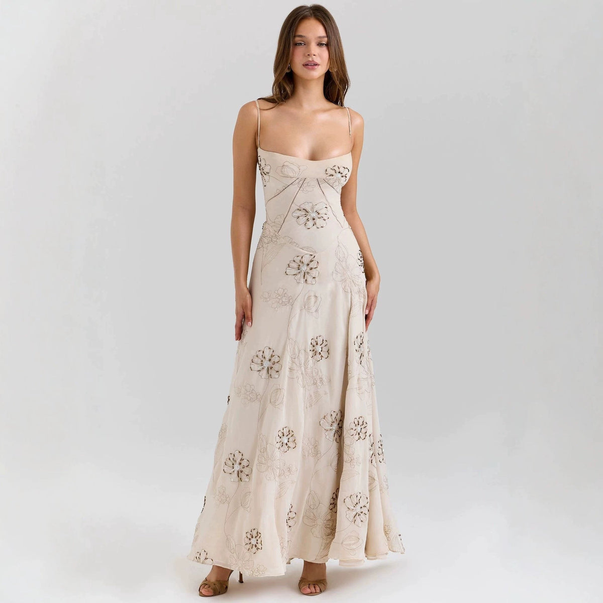 Vintage embroidered hollow slip maxi dress - white
