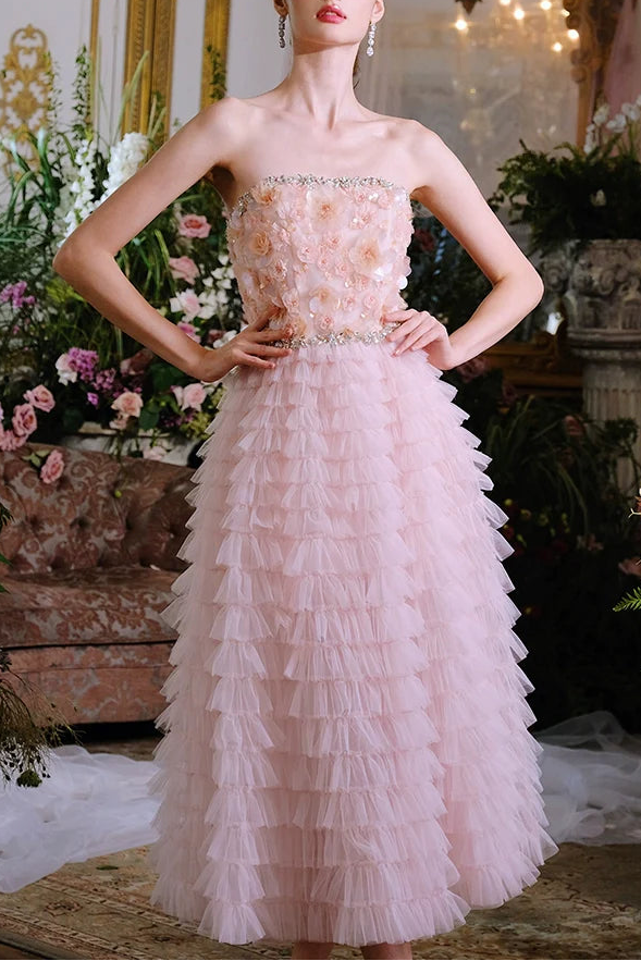 Pink Princess layer ruffle midi floral Embroidery strapless Dress