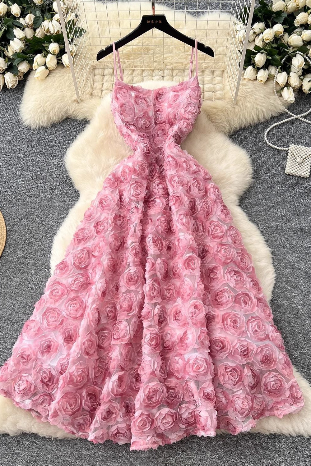 Pink 3D Rosette Textured Mesh A-Line Midi Dress