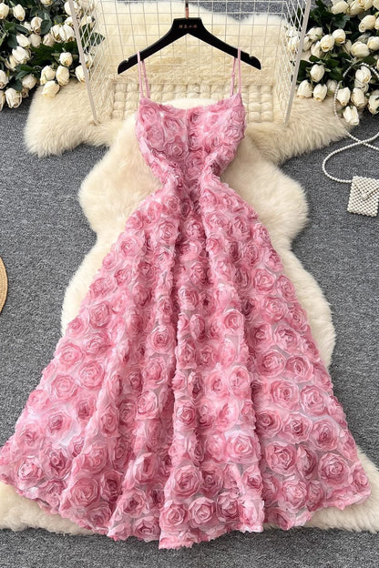 Pink 3D Rosette Textured Mesh A-Line Midi Dress