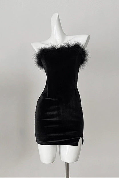 samantha feather velvet strapless mini dress in black